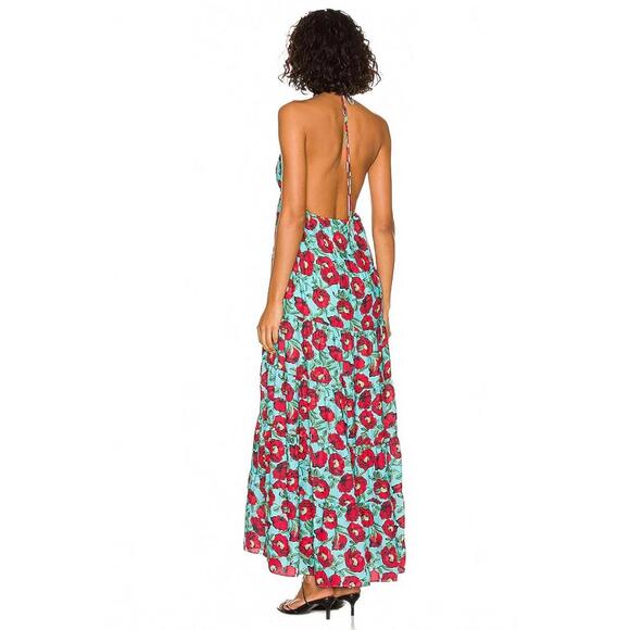 $440 NWT Alice + Olivia Beach Aqua Floral Mae Tiered Midi Maxi Dress Size 0 XS - Picture 2 of 8